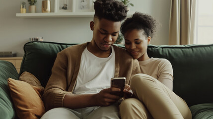 A man and a woman seated on a couch, engaged with a cell phone screen.