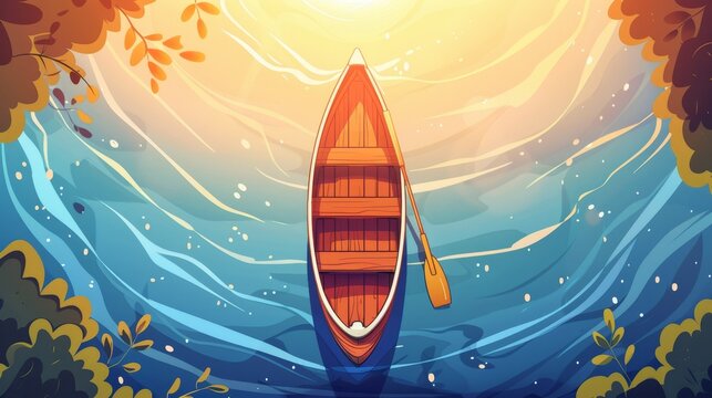 Floating wooden boat with paddle on river nautical modern background. Fantasy adventure topview lake banner illustration.