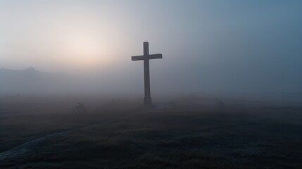 Cross in midst of misty field. Christian symbol. Concept of finding the way and faith