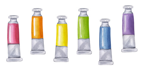 Paint tube kit rainbow colors watercolor oil acrylic tempera gouache. Packaging art colors liquid pigments. Artist accessories. School supplies drawing. Hand drawn illustration isolated background