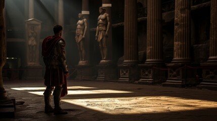 Gladiatorial combatant's contemplative moment in the dim corridors beneath the Roman coliseum