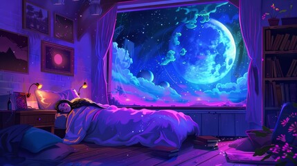 Gamer broadcast channel creative screen interface with follow button for streaming a gamer channel. Cartoon character sleeps on bed in off streaming cover with moon and stars.