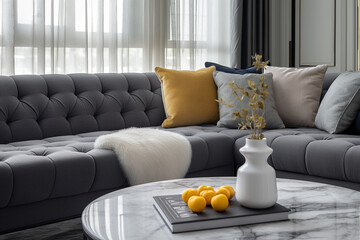 Fabric Sofa and Marble Stone Coffee Table with Elegant Antique Design, Accompanied by a Vase of Flowers, sofa and pillows