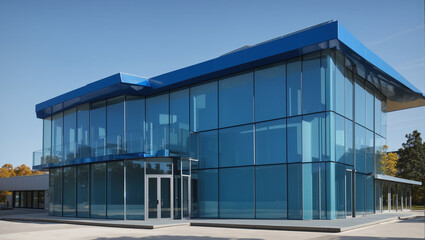 A modern glass building with blue reflective windows 