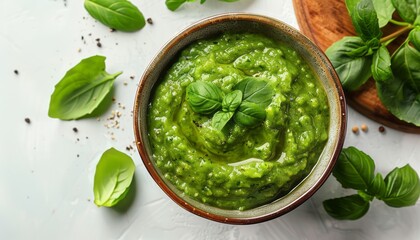 A Bowl of Guacamole on a White Surface