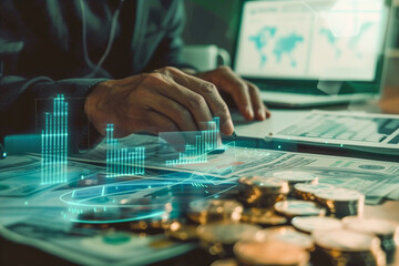 Digital hologram showing financial growth graph  coins and document on table. Businessman working on a computer, screen showing the world map