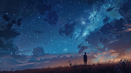 Obraz premium A person standing on the edge of an open field, gazing up at the starry night sky.
