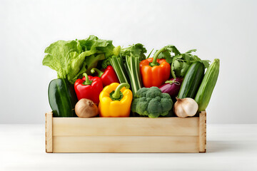 Fresh vegetables in a wooden box on a white background. Top view.