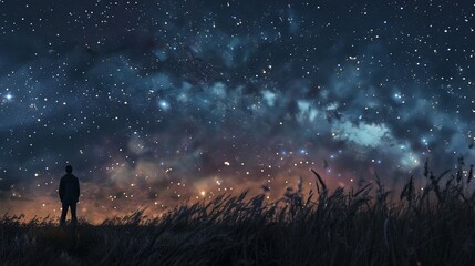 A person standing on the edge of an open field, gazing up at the starry night sky.