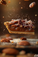 A slice of pie with nuts on top is shown in the air