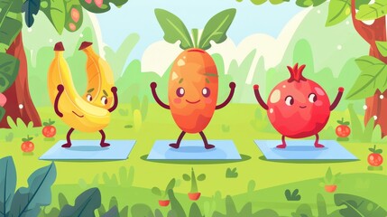 Kawaii fruit and vegetable characters doing yoga stretching workout in summer garden. Modern illustration of pomegranate, carrot, and banana characters doing yoga stretching workout on mat.
