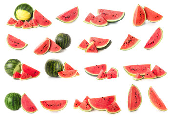 Set of sweet ripe watermelons on white background