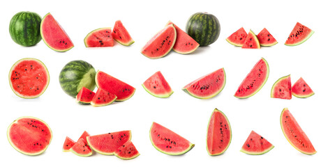 Set of sweet ripe watermelons on white background
