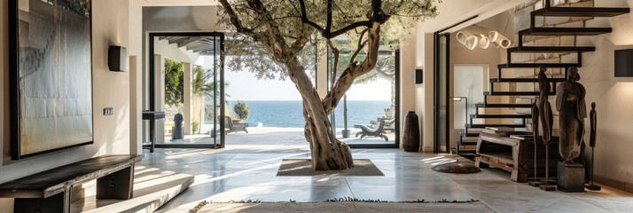 Naklejka premium Luxurious Mediterranean Villa, Bright Entrance Hall with Olive Tree