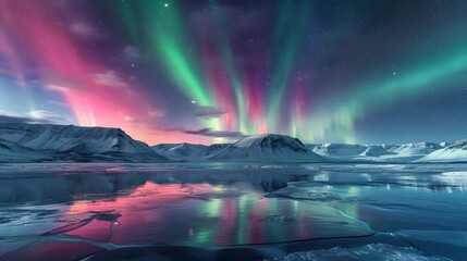 A breathtaking view of the Northern Lights dancing above snowcovered mountains, reflecting on icy waters in an endless horizon of wilderness. 