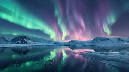 A breathtaking view of the Northern Lights dancing above snowcovered mountains, reflecting on icy waters in an endless horizon of wilderness. 