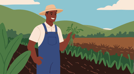 True Farmer - Agricultural Worker Standing in Lush Green Rice Field. Vector Illustration. EPS 10.