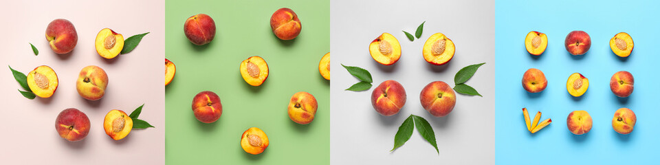 Collage with many sweet ripe peaches on color background, top view