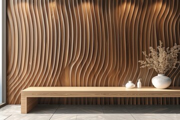 modern luxury hotel lobby wall with wavy wood relief panels and wall art. In front is a wooden table and vases