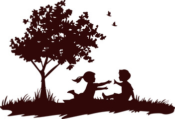 Children Playing Under Tree Silhouette