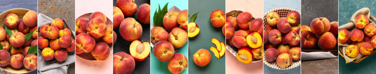 Collage with many sweet ripe peaches