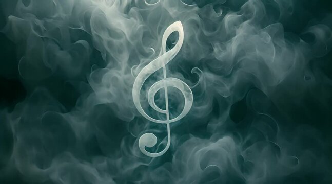 Treble clef enveloped in smoke on black background, creating mysterious and captivating musical atmosphere