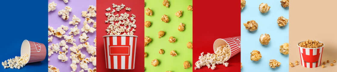 Collage with tasty popcorn on color background