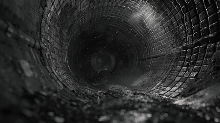 Black and white 3D render of an old brick tunnel