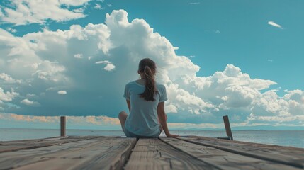 Girl Sitting Outdoors on Pier on a Sunny Day, Gazing at the Cloudy Sky