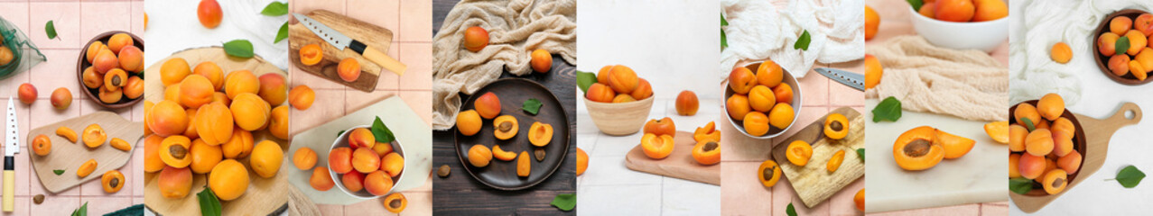 Collage with many fresh apricots