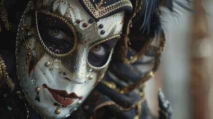 Masked Woman. Portrait of a Woman in Venice Mask with Jester Theme for Masquerade Carnival