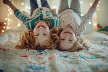 Kids Inside. Silly Kids Playing Upside Down on Bed, Enjoying Family Time in Cozy Home