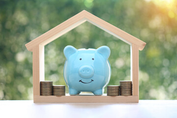 Finance, Piggy bank in model house and stack of coins money on natural green background,Business...