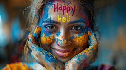 Indian woman with text "Happy Holi" written in colorful powder on her face