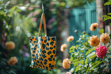 A playful canvas tote bag with a cute animal print design hangs on a clothesline strung across a sunny backyard filled with blooming flowers. Copyspace to the right.