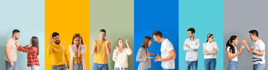 Set of quarreling couples on color background