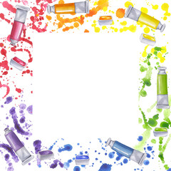 Paint tube square frame watercolor gouache with expressive colorful splashes and drops. Colors of rainbow. Creative supplies for drawing. Hand drawn illustration isolated background. Clip art for book