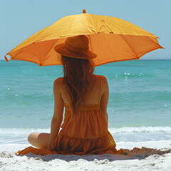 Individual lounging under a beach umbrella to protect their skin from the sun isolated on white background, text area, png
