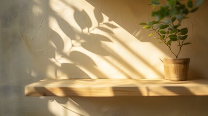 A closeup of an empty wooden shelf on the right, with a plant leaf visible in the background against a light beige wall.