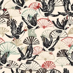 seamless pattern of flying bird hand drawing japanese vintage illustration for print, textile, fabric, background and others