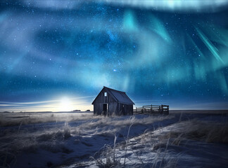 Iceland Cabin Heavenly Aurora and Milky Way Galaxy AI Generated