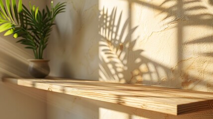A closeup of an empty wooden shelf on the right, with a plant leaf visible in the background against a light beige wall.