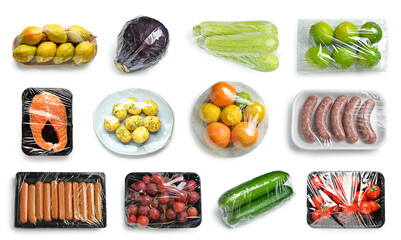 Collage of fresh food in plastic wrap on white background