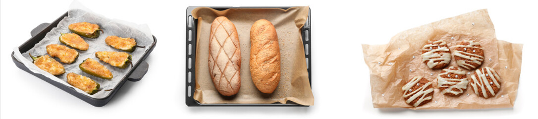 Collage of baking paper with baked food on white background
