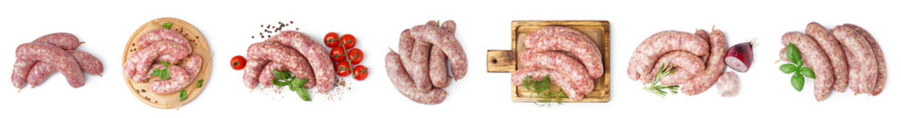 Collage of raw sausages on white background, top view