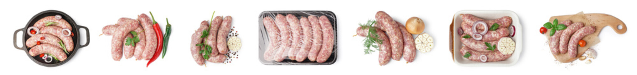 Set of raw sausages on white background, top view