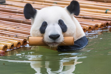 水の中で遊ぶパンダをモチーフにしたグラフィック素材、広告素材、