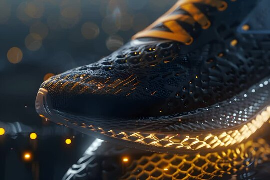 close up of black and gold sneaker with honeycomb pattern, low angle shot, cinematic lighting, octane render, hyper realistic