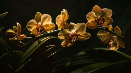 cluster of orchid blossoms in various stages of development, from tightly closed buds to fully...