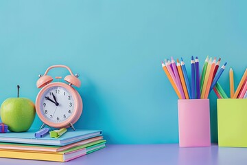 Back to school pastel background with stationery, kids supplies, alarm clock, green apple on table. Colorful paper, color pencils, stack of books. Copy space for text. Front view. Young student desk